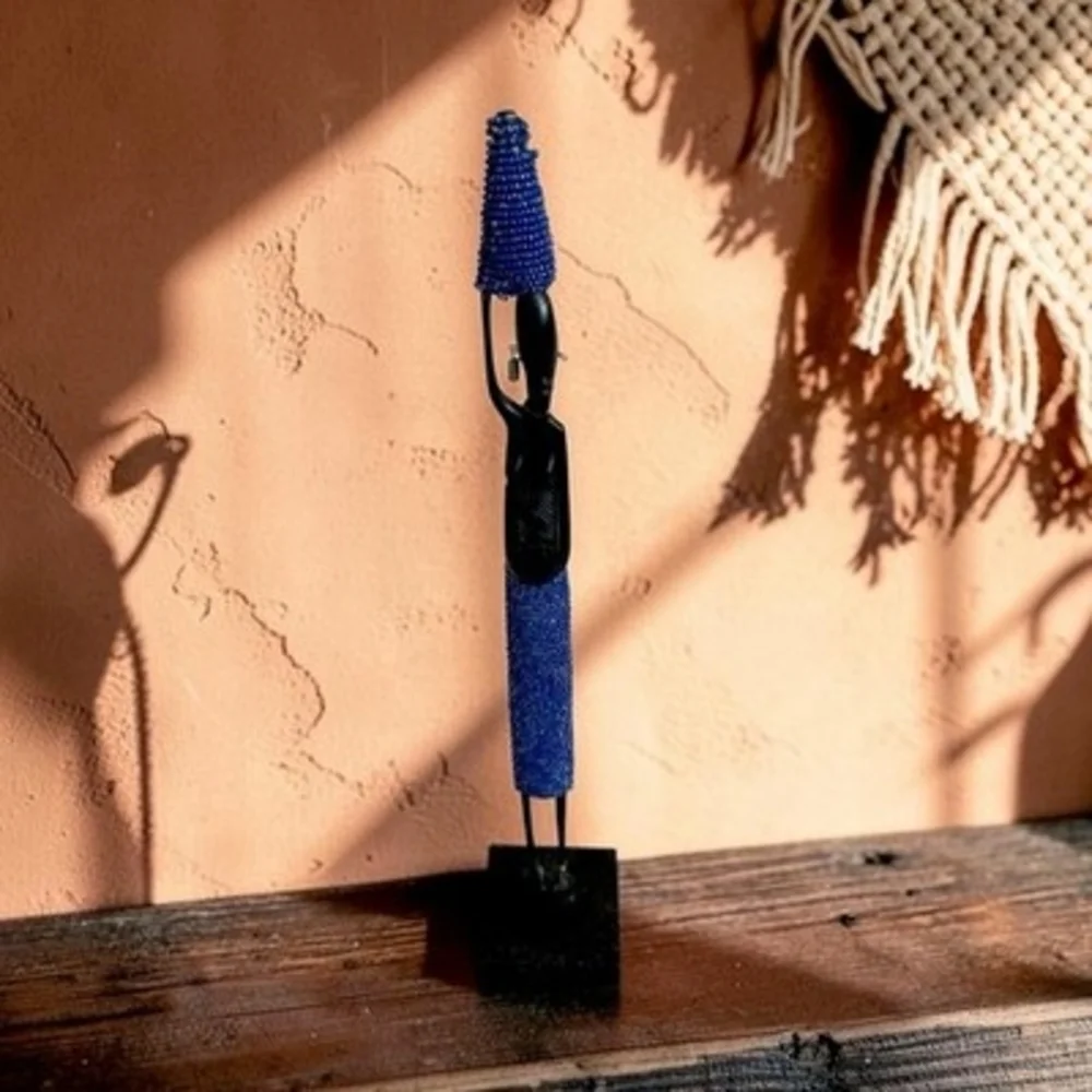 Vintage Handmade African Beaded Wood Figure Blue Beads South Africa 15 Decor Art